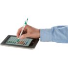 Hand using stylus on a tablet displaying a colorful menu.