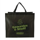 Green reusable shopping bag with text Groceries & Stuff, logo of Lucianos Foodmart.