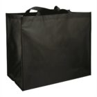 Black reusable shopping bag with handles on a white background.