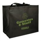 Black reusable grocery bag with Groceries & Stuff printed in green.