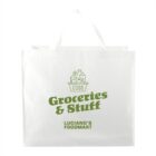 White shopping bag with Groceries & Stuff and Lucianos Foodmart in green text.