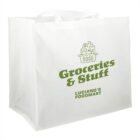 White reusable bag with Groceries & Stuff and food graphic.