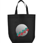 Black tote bag with SOHO text and striped circle design.