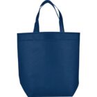 Blue tote bag with two handles on a white background.