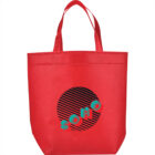 Red tote bag with SOHO text inside a black striped circle.