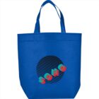 Blue tote bag with SOHO in red and teal over a striped black circle.