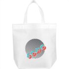 White tote bag with a striped circle and SOHO in colorful letters.