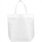 Plain white canvas tote bag with two handles against a white background.