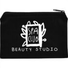 Black pouch with Spa Club Beauty Studio and a leafy frame design in white.