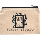 Beige zip pouch with Spa Club Beauty Studio text and leafy design in black.