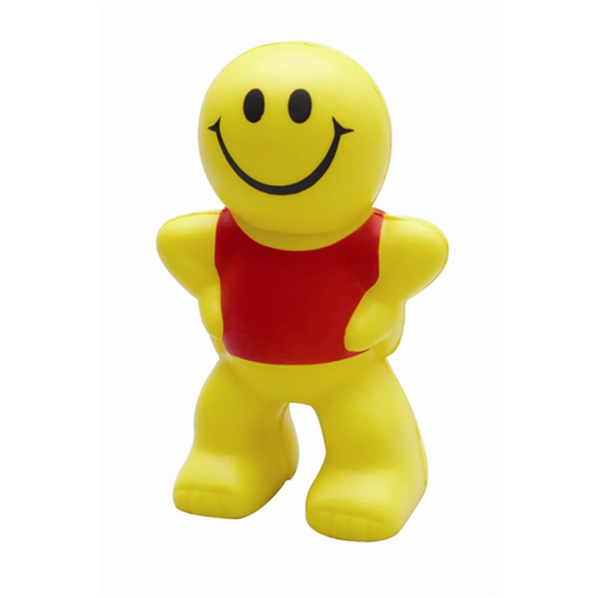 A yellow, smiley-faced figurine with a round head, wearing a red tank top stands with hands on hips. The figure has a cheerful expression and simple features.