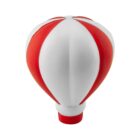 A round stress ball designed like a hot air balloon, featuring alternating red and white vertical stripes.