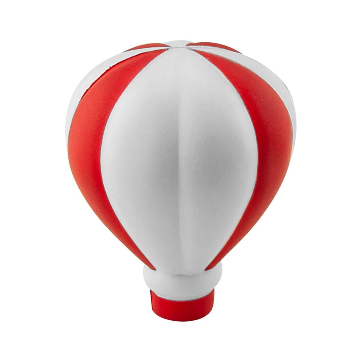 A round stress ball designed like a hot air balloon, featuring alternating red and white vertical stripes.