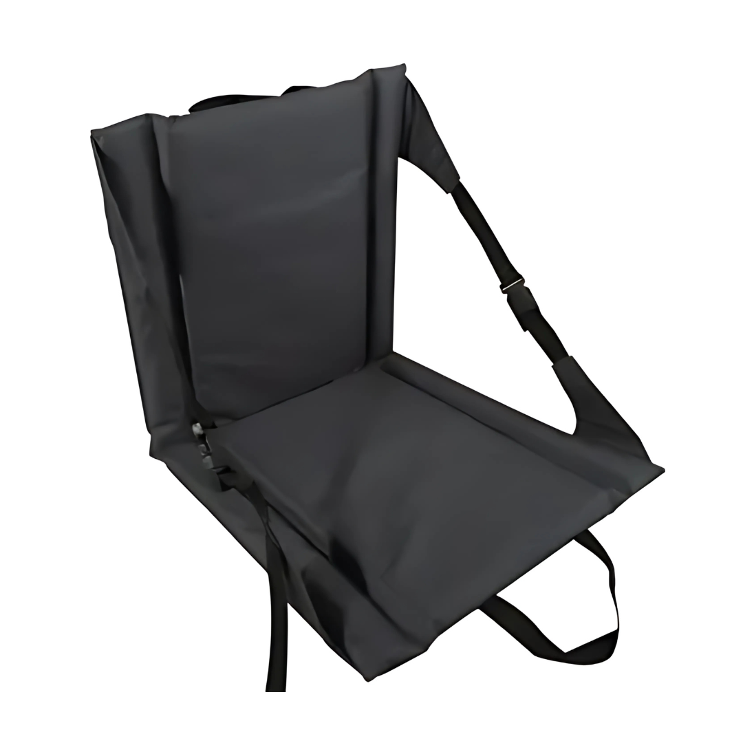The black Advance Stadium Seat offers a padded cushion and backrest, plus adjustable straps for easy carrying and securing to bleachers, providing comfort and support at outdoor events.