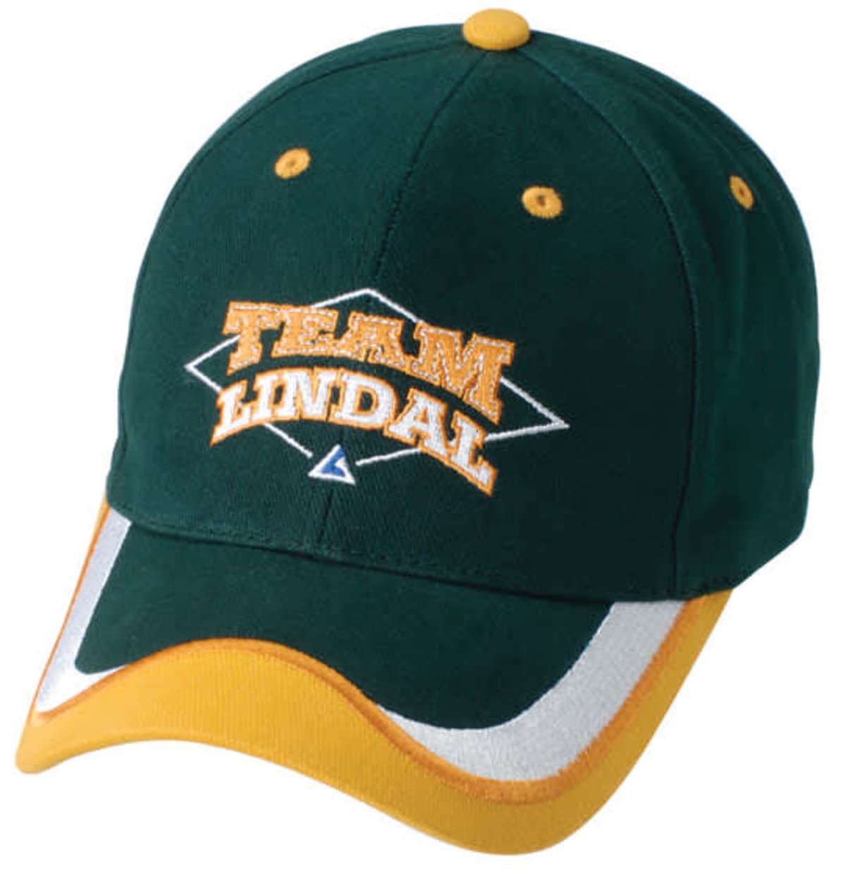 A green baseball cap with yellow and white accents. The front has Team Lindal embroidered in yellow letters.