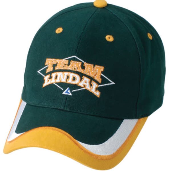 A green and yellow baseball cap with Team Lindal embroidered on the front in orange letters. The cap features a yellow brim with a white stripe and small yellow accents.