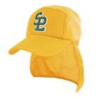 A yellow baseball cap with a neck flap, featuring green embroidered letters SL on the front.