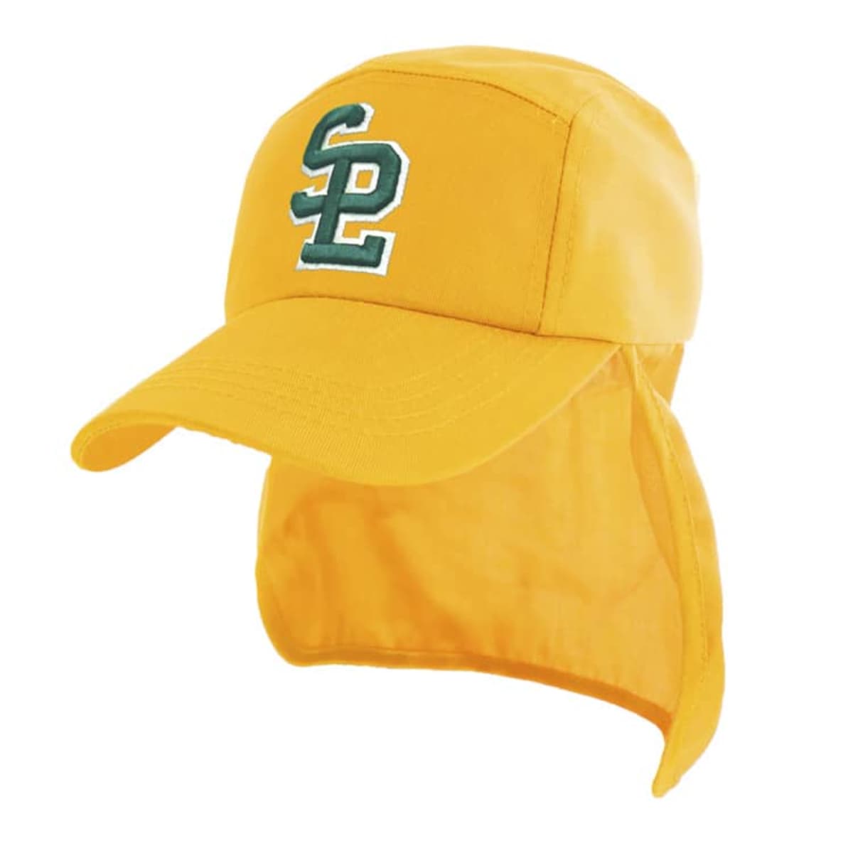 A yellow baseball cap with a neck flap, featuring green embroidered letters SL on the front.