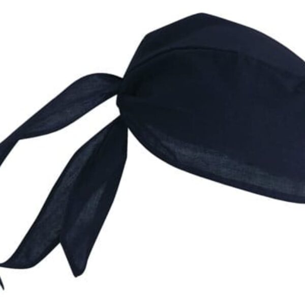 A black headscarf with long ties at the back is displayed against a white background. It appears to be made of cotton or a similar fabric.