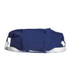A blue duffel bag with white straps on a white background.