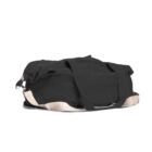 Black duffel bag with beige strap, lying flat on a white background.