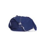 Blue duffel bag with a white strap and zipper, photographed against a white background.