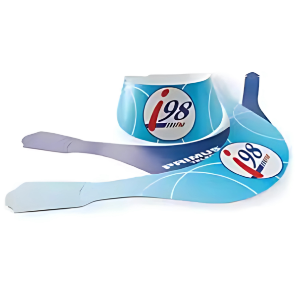 Promotional Blue and white Artboard Sun Visor cutouts with company logo