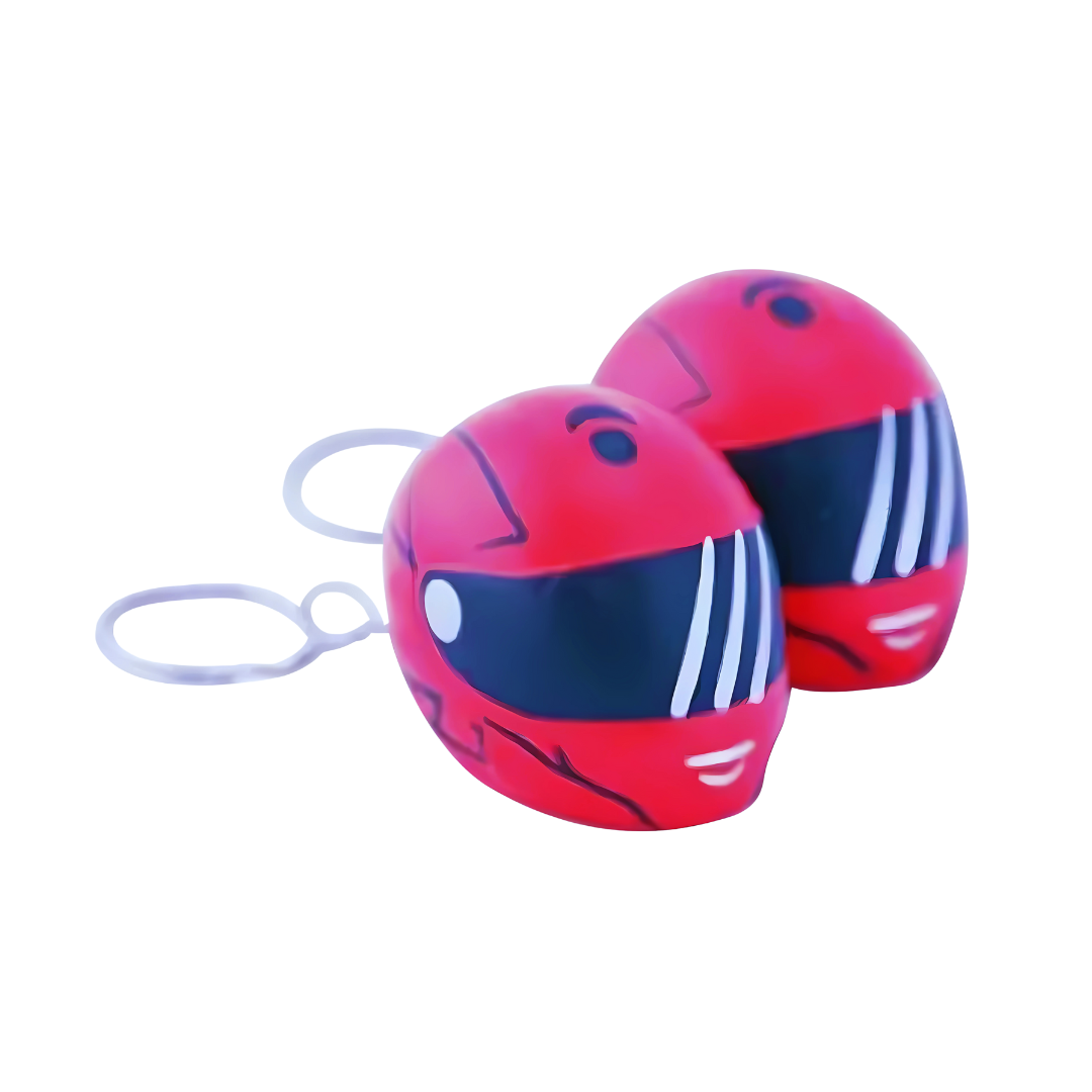 Two helmet-shaped keychains, resembling red custom stress balls with black visors and white stripes, are linked by metal rings on a plain white background.