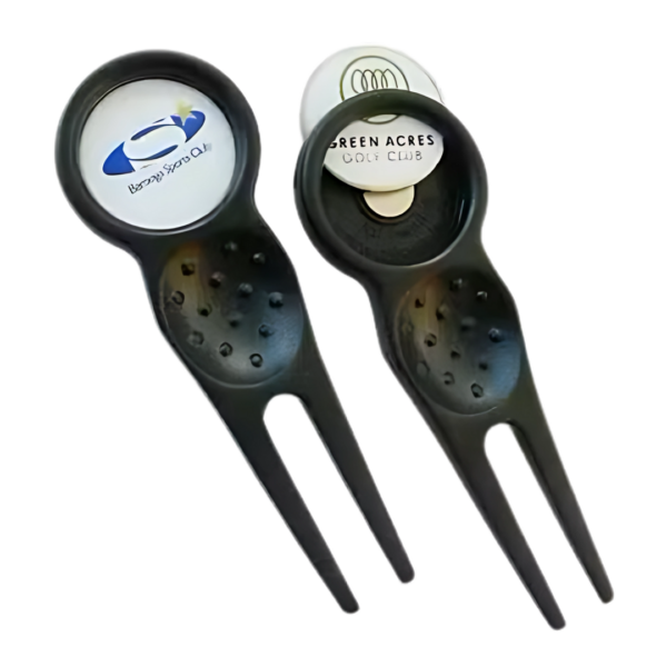 Two black Branded DX Lite Repairers with two prongs and dotted grips; one features Green Acres Golf Club and the other has a stylized S logo on round tops.