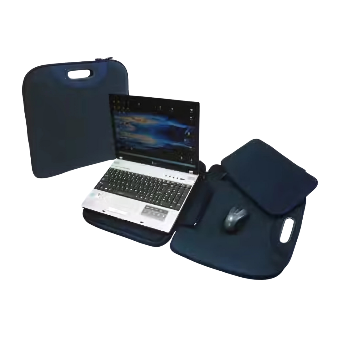 Branded laptop and mouse in a sleek black sleeve, ideal for your workspace.