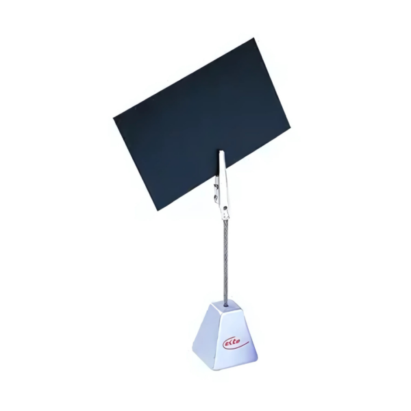 The Branded Memo Holder is a rectangular item with a triangular base, featuring a wire stem and metal clip holding a blank black card. It stands against a white background and displays a distinctive red logo on the base.