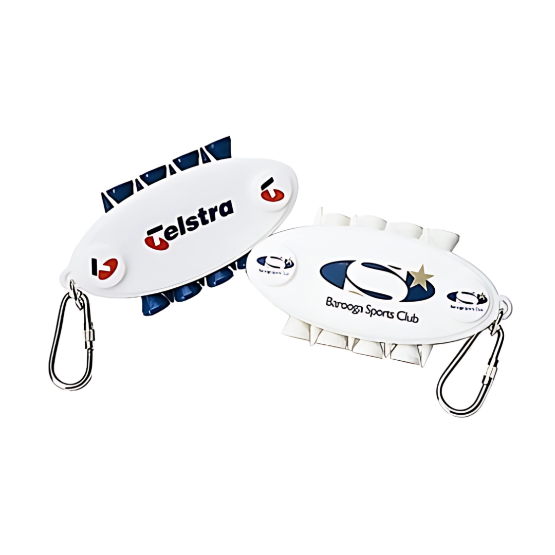 The Branded Oval Tee Caddy features two oval-shaped keychains with metal clips, proudly showcasing the Telstra and Barooga Sports Club logos. Each has blue and white accents, subtle branding details, and a practical carabiner—ideal for any caddy on the move.
