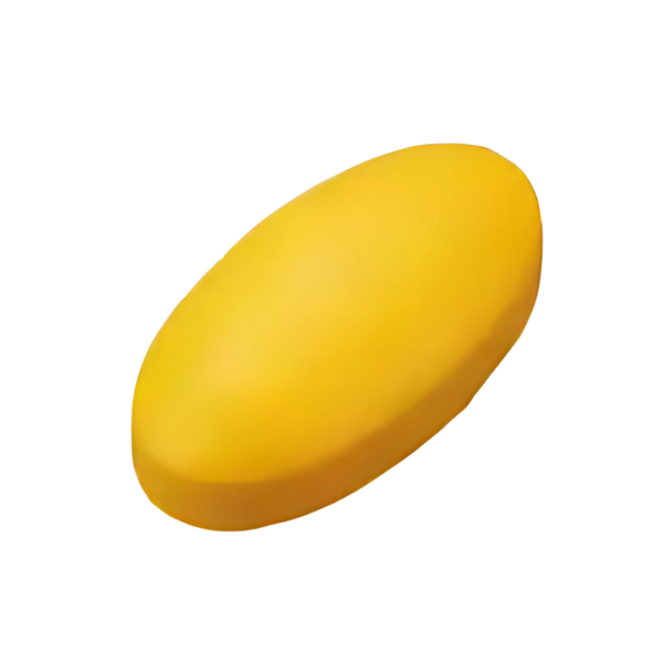 A close-up of a Branded Stress Ball Yellow Pill, smooth and elongated, with an oval shape set against a white background.
