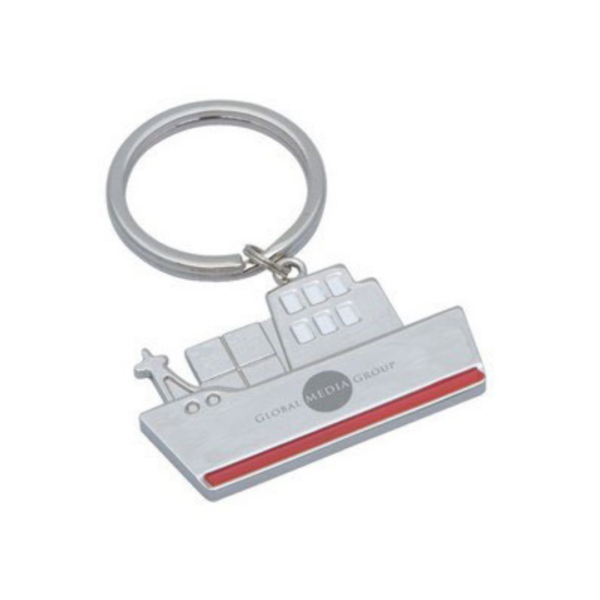 Branded Voyager Keychain shaped like a ship with Global Media Group branding.