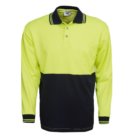 The Breathable Hi Vis Polo Cooldry Long Sleeve features a neon yellow top and navy bottom, long sleeves, a collar with matching cuffs, a three-button placket, and a chest pocket.