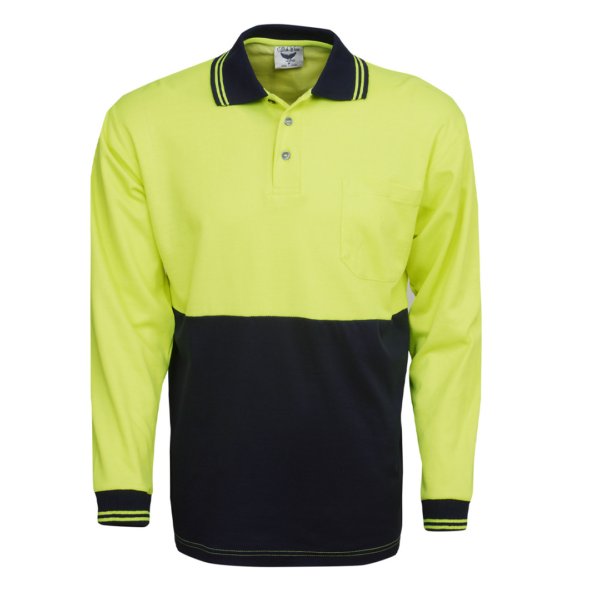 The Breathable Hi Vis Polo Cooldry Long Sleeve features a neon yellow top and navy bottom, long sleeves, a collar with matching cuffs, a three-button placket, and a chest pocket.
