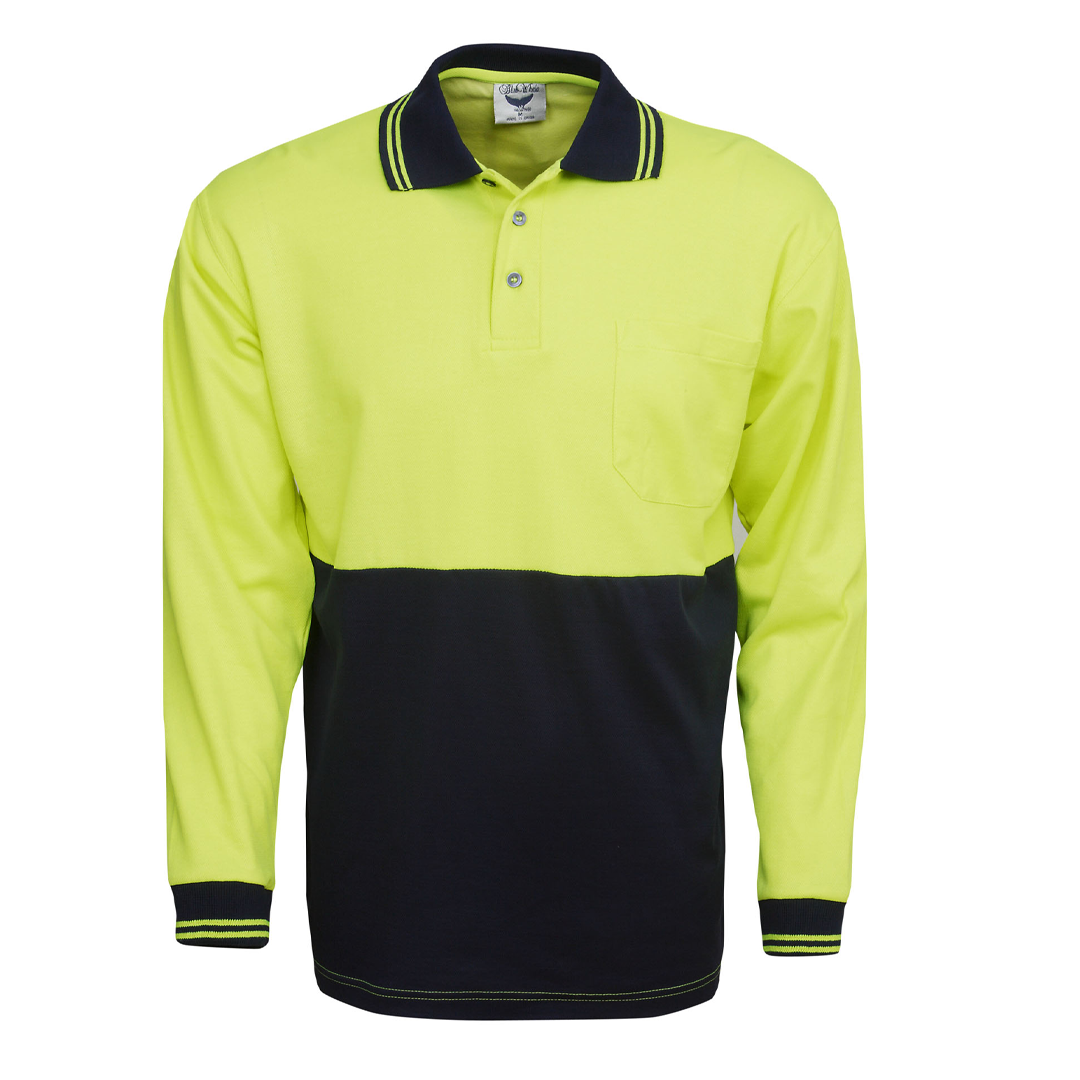 The Breathable Hi Vis Polo Cooldry Long Sleeve features a neon yellow top and navy bottom, long sleeves, a collar with matching cuffs, a three-button placket, and a chest pocket.