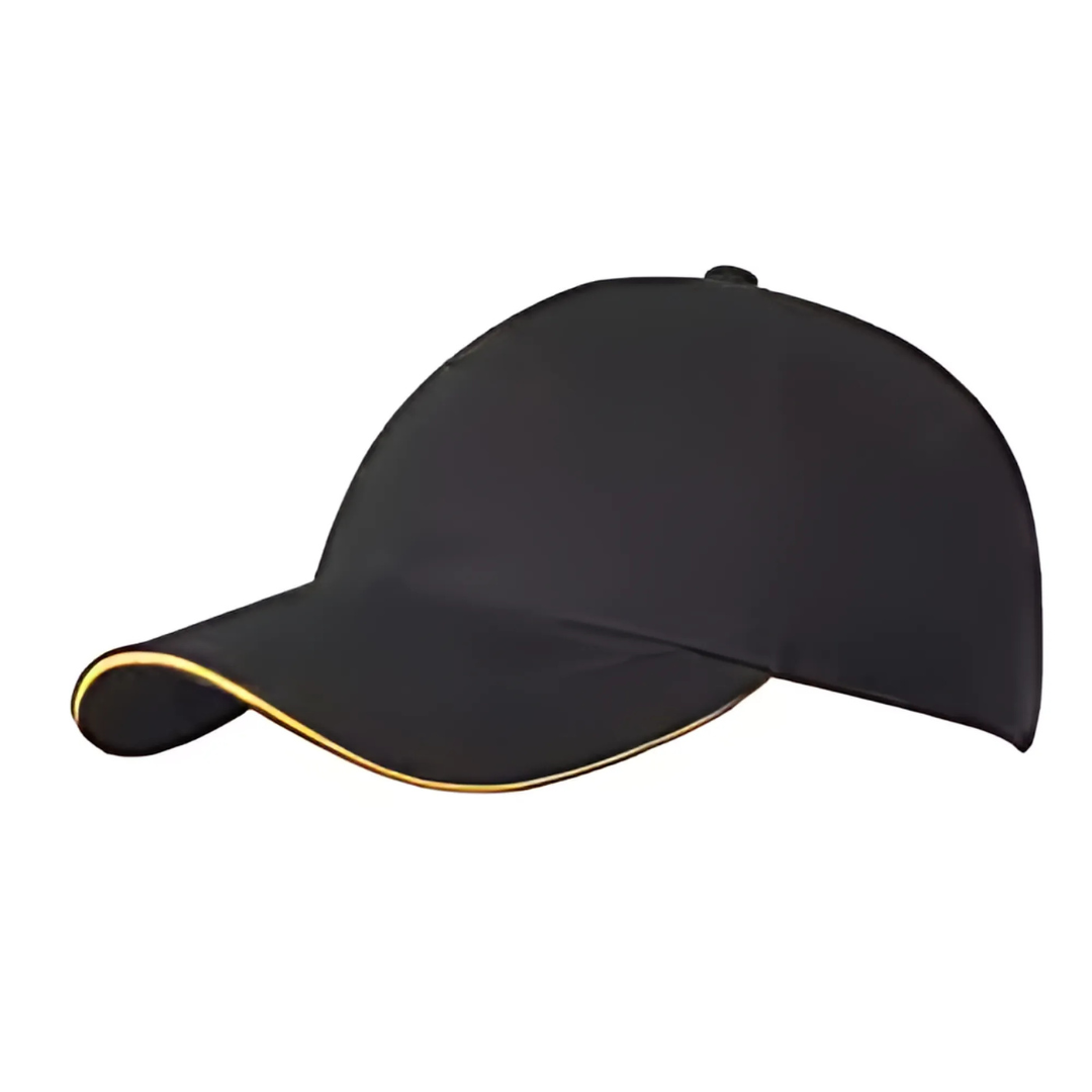 The Low Profile Cotton Cap is a black cotton headwear piece with a curved yellow brim, offering a smooth surface that contrasts beautifully against its white background.