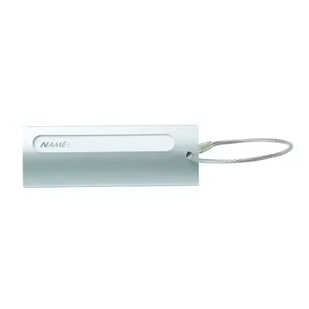 The Business Luggage Tag, perfect for business travelers, boasts a sleek silver rectangular design with a sturdy metallic wire loop and a NAME slot for personal details.
