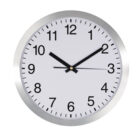 The Metal Wall Clock, with its sleek silver frame, shows 10:09. It features bold black numbers and hands on a crisp white background.