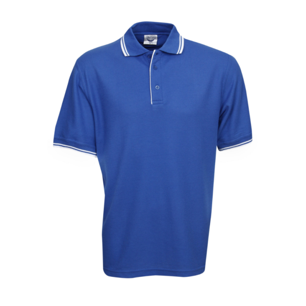 The Camden Polo Shirt features a blue design with white trim on the collar and sleeves, highlighted by three front buttons, set against a crisp white background.