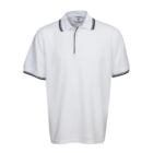 The Camden Polo Shirt features a white design with black trim on the collar and sleeve edges, complemented by a three-button placket. Displayed on a plain white background, it showcases its simple and classic style.