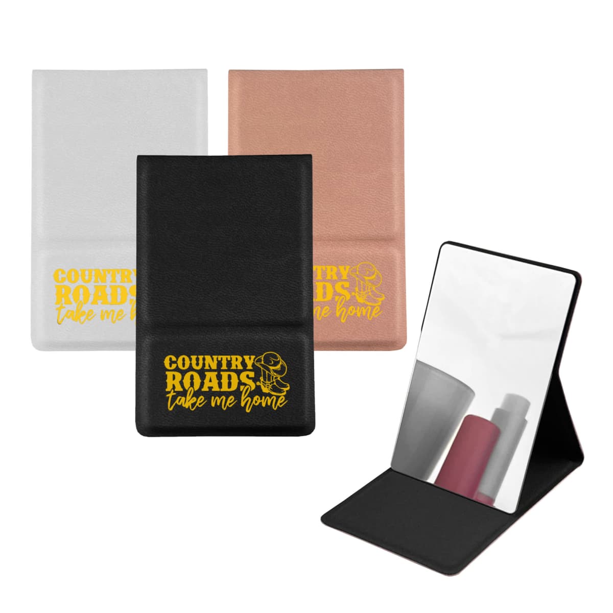 Three folding mirrors in white, rose gold, and black, with Country Roads take me home text.