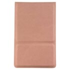 A closed, rectangular, light brown leather notebook or cover on a white background.