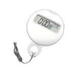 The Chrono Sports Timer features a round digital display with a white casing and black lanyard, ideal for sports. The timer display reads 0:00.00, showing its reset or paused. The lanyard includes a convenient clip at the end.