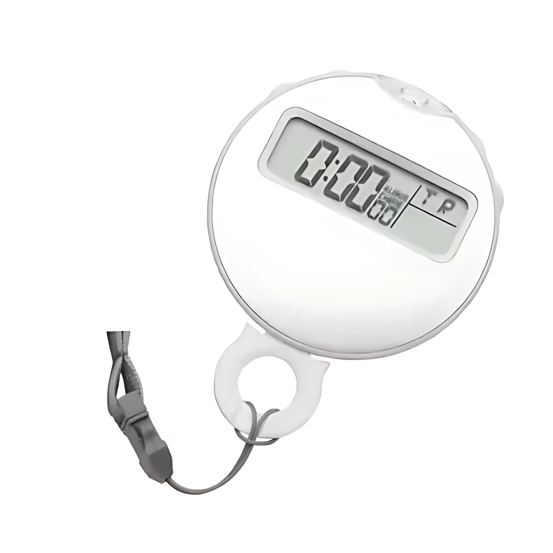 The Chrono Sports Timer features a round digital display with a white casing and black lanyard, ideal for sports. The timer display reads 0:00.00, showing its reset or paused. The lanyard includes a convenient clip at the end.