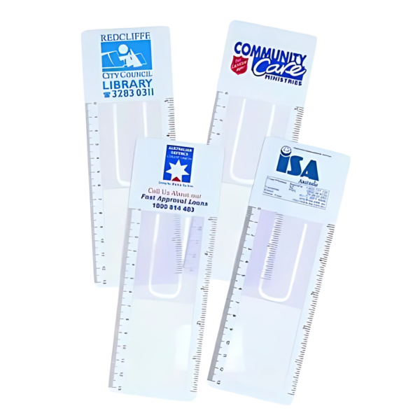 Four CLEAR BOOKMARK MAGNIFIER RULERS with logos and contact details.