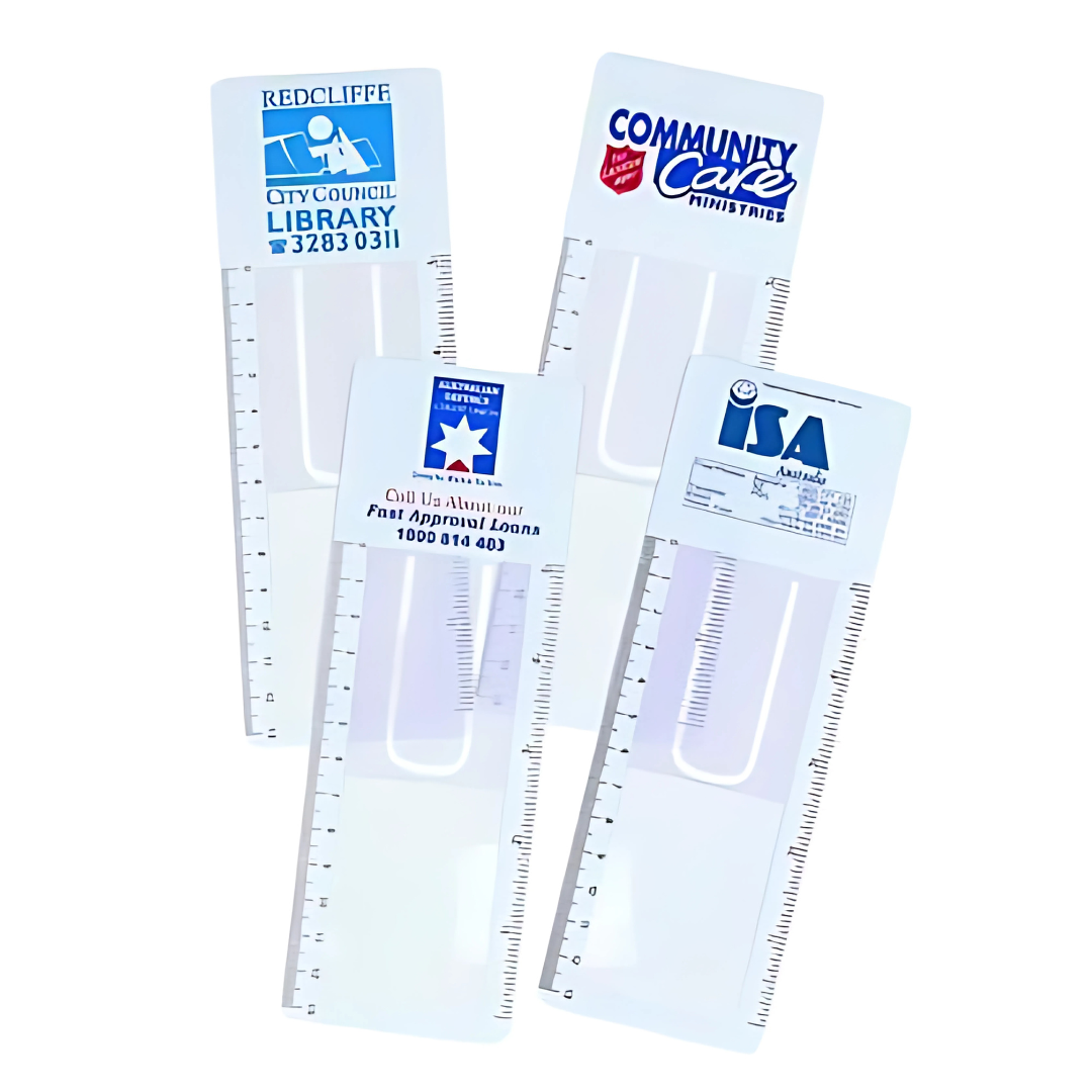 Four CLEAR BOOKMARK MAGNIFIER RULERS with logos and contact details.