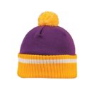 The Collegiate beanie features a stylish purple design with a vibrant yellow brim, accented by two white stripes and topped with a playful pom-pom, all set against a plain white background for a blend of classic and vibrant flair.