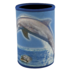 The Company Branded Stubby Cooler is a cylindrical item featuring a blue-rimmed design, with dolphins leaping and swimming against a sea-to-sky gradient in blues and whites.